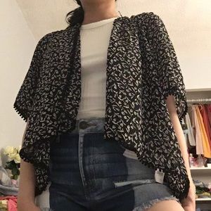 Black floral kimono with black Pompoms